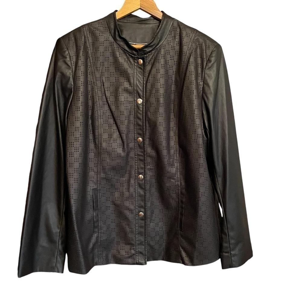 Plus Size TanJay Faux Leather Black Jacket-Domed Front-Perforated Design-Size 18